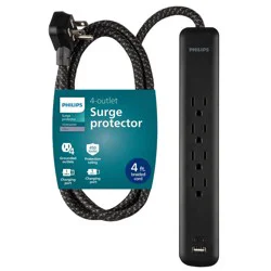 Philips Surge Protector 4ft 4-Outlet USB-A USB-C 450 Joules Braided Cord Flat Plug - Black