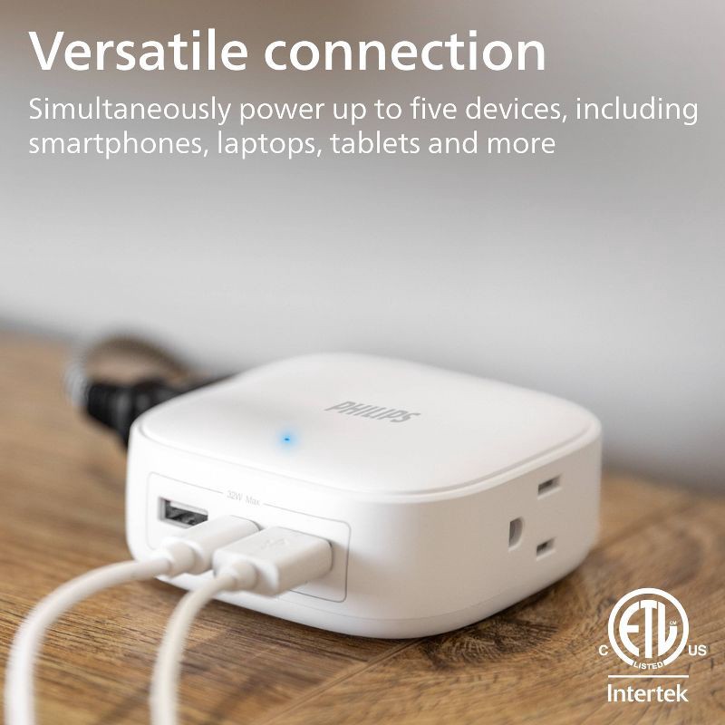 slide 2 of 6, Philips 5ft Desktop USB Charging Station with USB-A & USB-C - White: Male-To-Female Cable, 5 ft