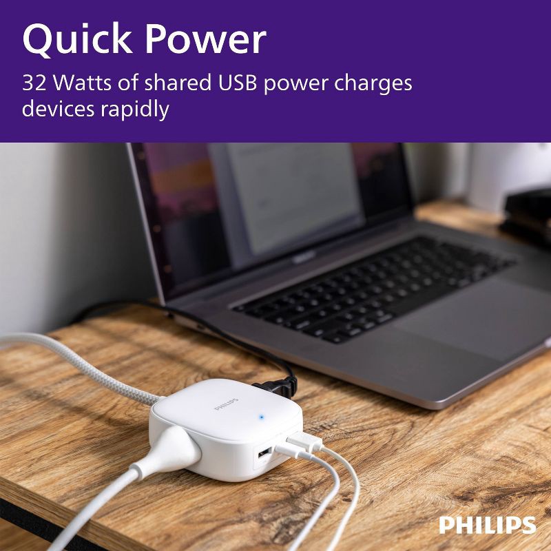 slide 3 of 6, Philips 5ft Desktop USB Charging Station with USB-A & USB-C - White: Male-To-Female Cable, 5 ft