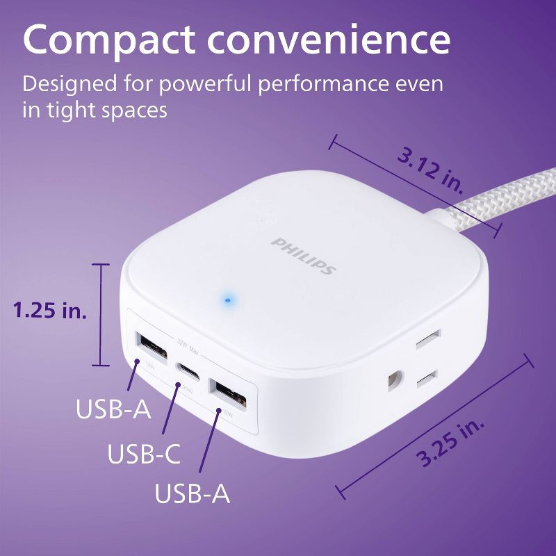 slide 6 of 6, Philips 5ft Desktop USB Charging Station with USB-A & USB-C - White: Male-To-Female Cable, 5 ft