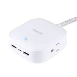 Philips 5ft Desktop USB Charging Station with USB-A & USB-C - White: Male-To-Female Cable