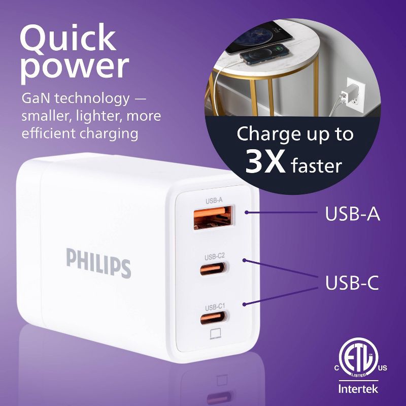 slide 2 of 10, Philips 3 Port Fast Charging Wall Charger with USB-A and USB-C: 65W Power Adapter, 1 ct