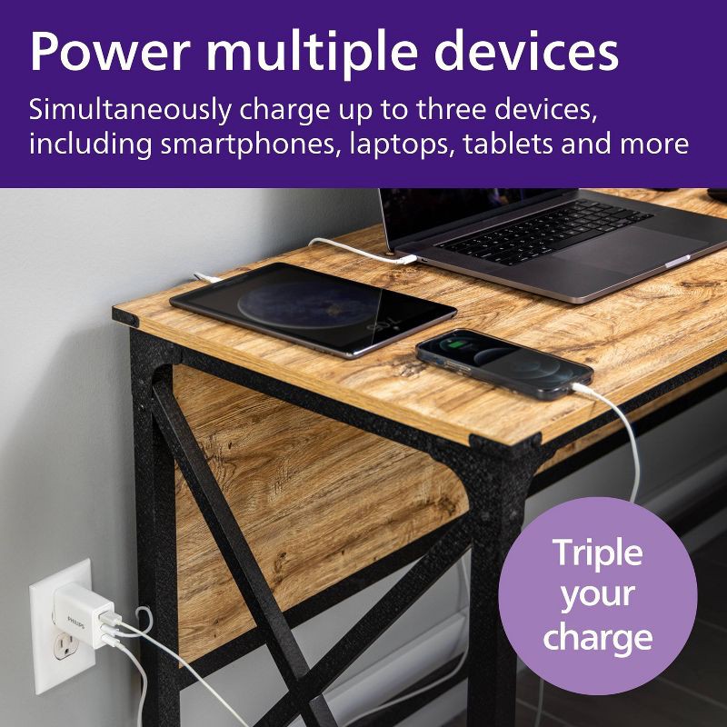 slide 3 of 10, Philips 3 Port Fast Charging Wall Charger with USB-A and USB-C: 65W Power Adapter, 1 ct