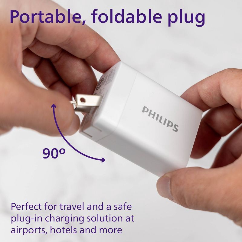 slide 4 of 10, Philips 3 Port Fast Charging Wall Charger with USB-A and USB-C: 65W Power Adapter, 1 ct