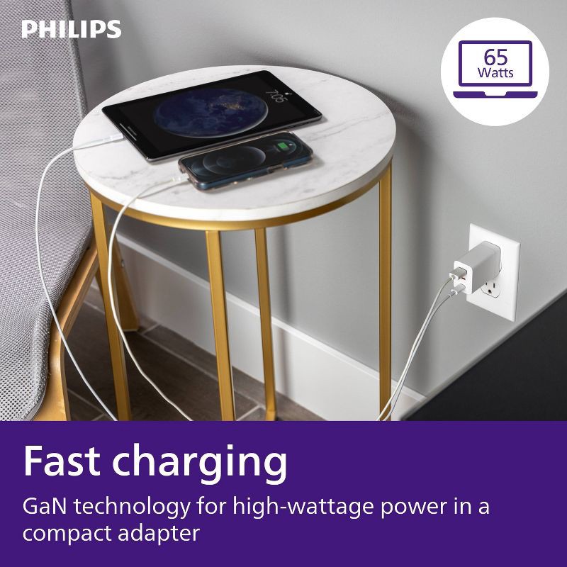 slide 5 of 10, Philips 3 Port Fast Charging Wall Charger with USB-A and USB-C: 65W Power Adapter, 1 ct