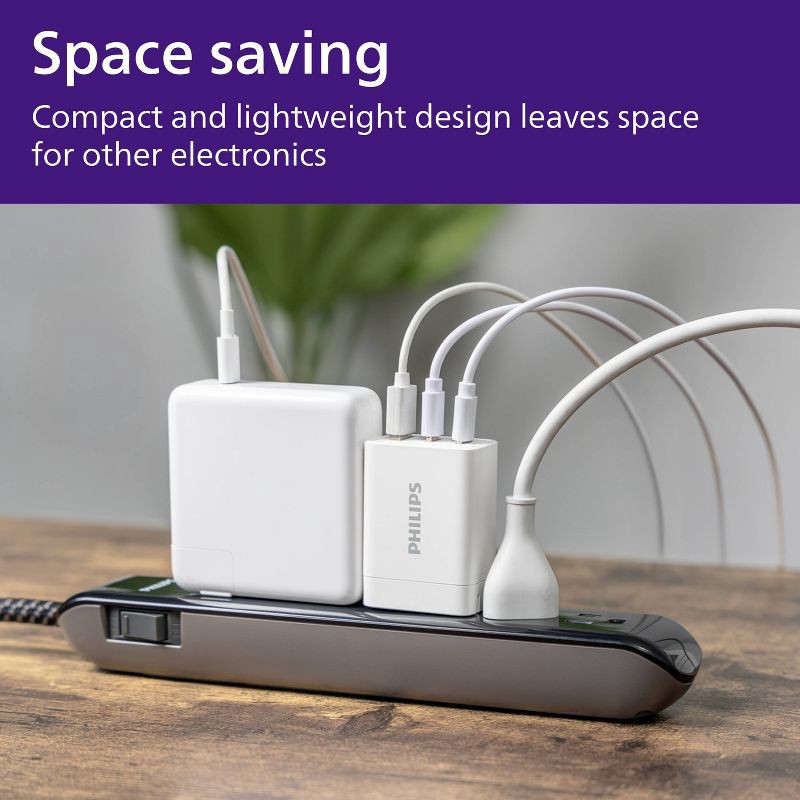 slide 6 of 10, Philips 3 Port Fast Charging Wall Charger with USB-A and USB-C: 65W Power Adapter, 1 ct