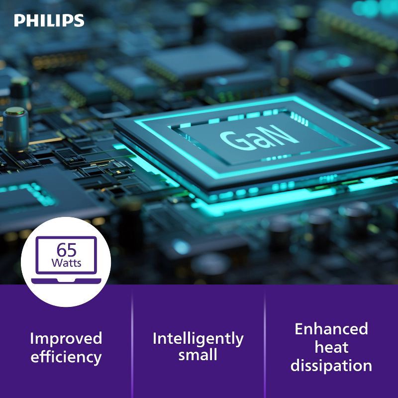 slide 8 of 10, Philips 3 Port Fast Charging Wall Charger with USB-A and USB-C: 65W Power Adapter, 1 ct