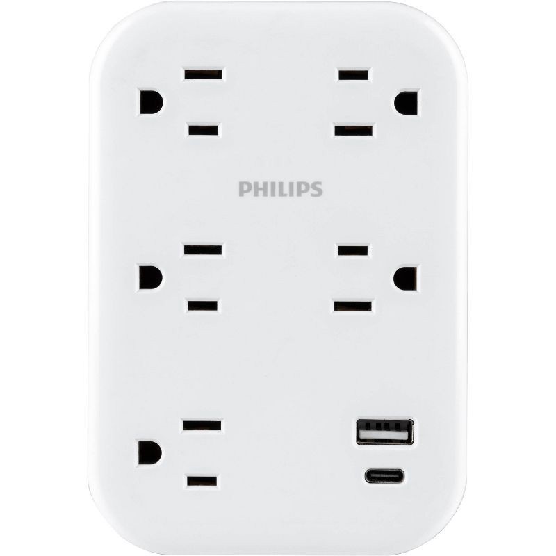 slide 2 of 6, Philips 5-Outlet Surge Tap with USB-A USB-C 900 Joules White Adapter: Wall Tap Multi-Plug, 1 ct