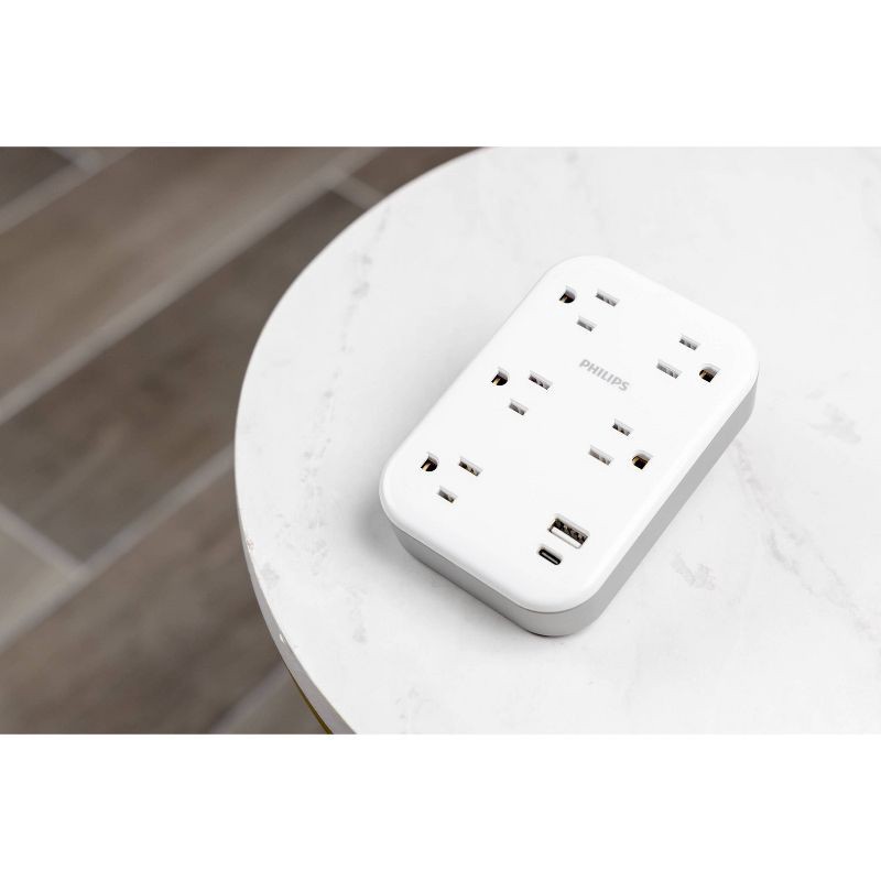 slide 4 of 6, Philips 5-Outlet Surge Tap with USB-A USB-C 900 Joules White Adapter: Wall Tap Multi-Plug, 1 ct