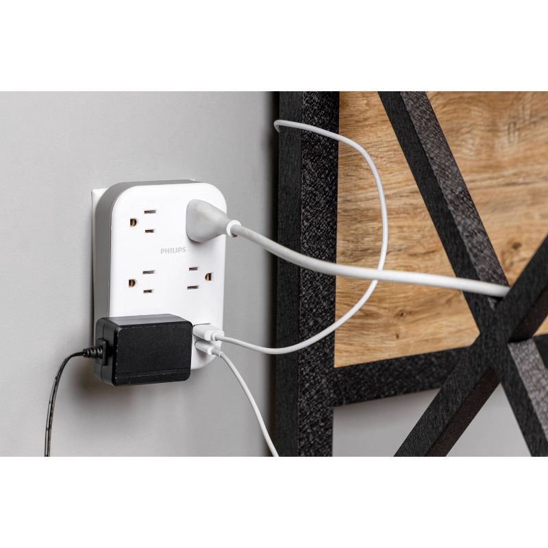 slide 6 of 6, Philips 5-Outlet Surge Tap with USB-A USB-C 900 Joules White Adapter: Wall Tap Multi-Plug, 1 ct