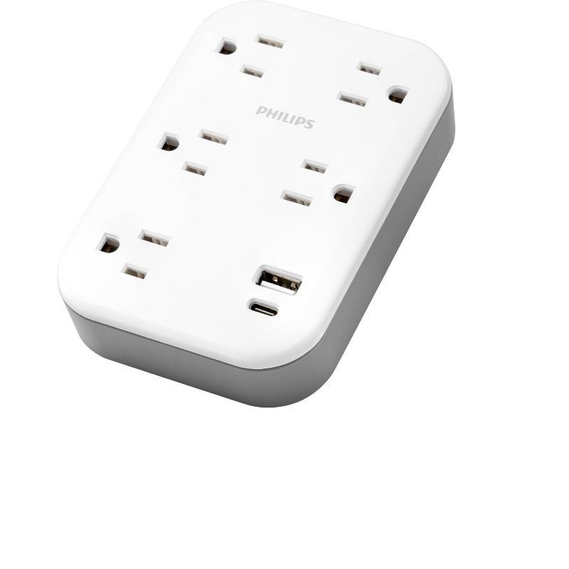 slide 1 of 6, Philips 5-Outlet Surge Tap with USB-A USB-C 900 Joules White Adapter: Wall Tap Multi-Plug, 1 ct