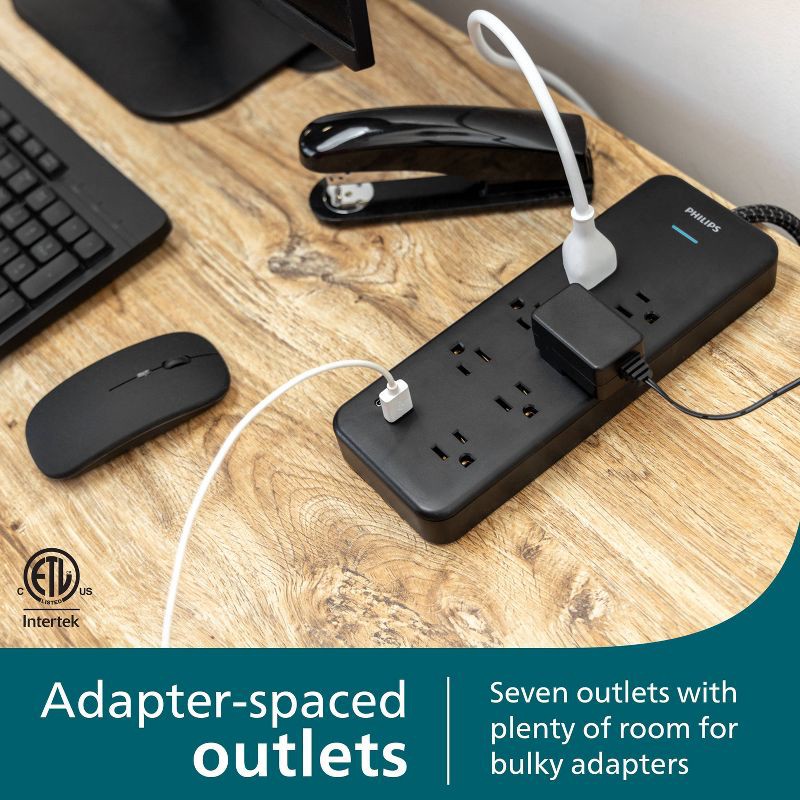 slide 2 of 6, Philips Surge Protector 4ft 7 Outlet Adapter-Spaced USB-A USB-C 1500 Joules Braided Cord - Black, 4 ft