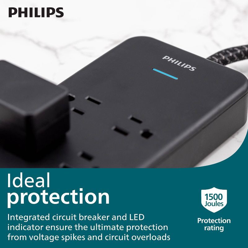 slide 3 of 6, Philips Surge Protector 4ft 7 Outlet Adapter-Spaced USB-A USB-C 1500 Joules Braided Cord - Black, 4 ft