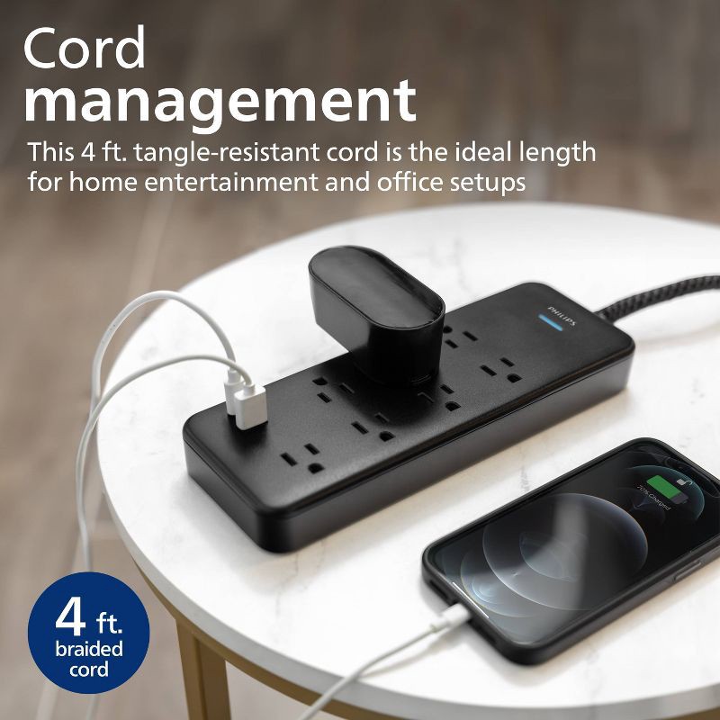 slide 4 of 6, Philips Surge Protector 4ft 7 Outlet Adapter-Spaced USB-A USB-C 1500 Joules Braided Cord - Black, 4 ft