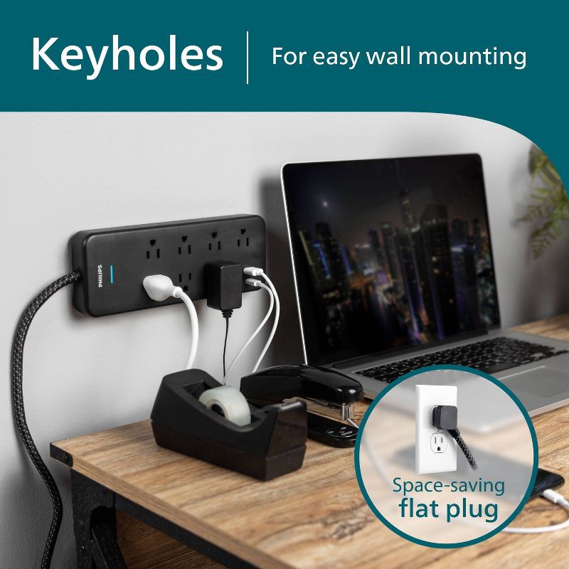 slide 5 of 6, Philips Surge Protector 4ft 7 Outlet Adapter-Spaced USB-A USB-C 1500 Joules Braided Cord - Black, 4 ft