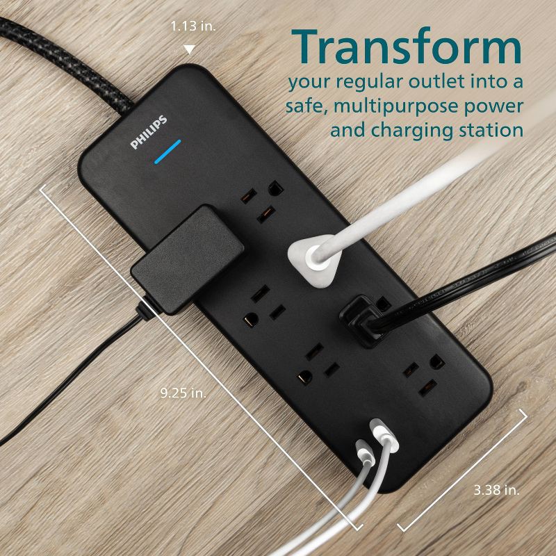 slide 6 of 6, Philips Surge Protector 4ft 7 Outlet Adapter-Spaced USB-A USB-C 1500 Joules Braided Cord - Black, 4 ft