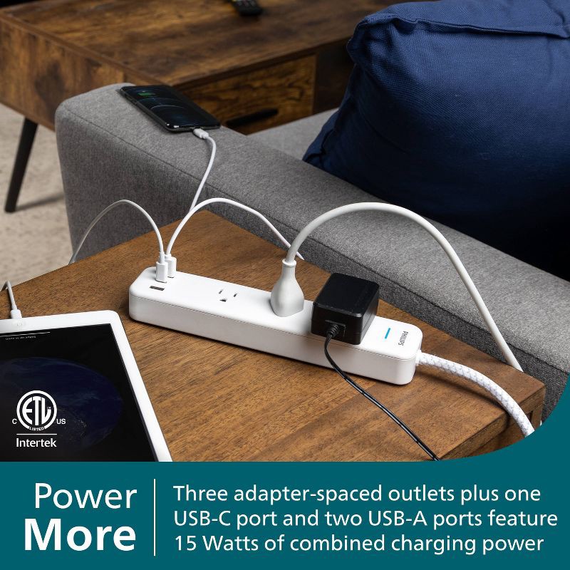 slide 2 of 7, Philips Surge Protector 6ft 3-Outlets USB-A USB-C 490 Joules: White Braided Cord, 6 ft