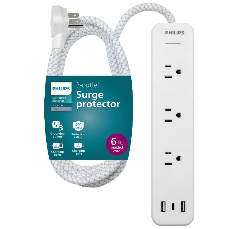 slide 1 of 7, Philips Surge Protector 6ft 3-Outlets USB-A USB-C 490 Joules: White Braided Cord, 6 ft