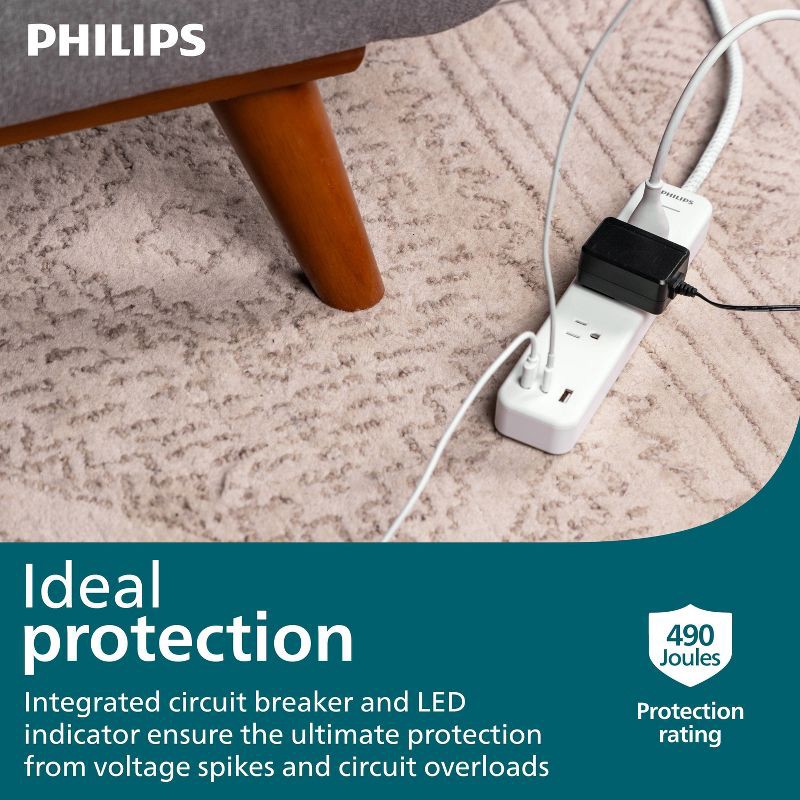 slide 3 of 7, Philips Surge Protector 6ft 3-Outlets USB-A USB-C 490 Joules: White Braided Cord, 6 ft