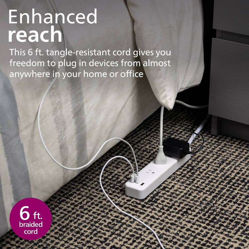 slide 4 of 7, Philips Surge Protector 6ft 3-Outlets USB-A USB-C 490 Joules: White Braided Cord, 6 ft