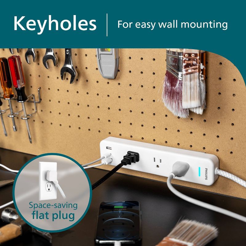 slide 5 of 7, Philips Surge Protector 6ft 3-Outlets USB-A USB-C 490 Joules: White Braided Cord, 6 ft