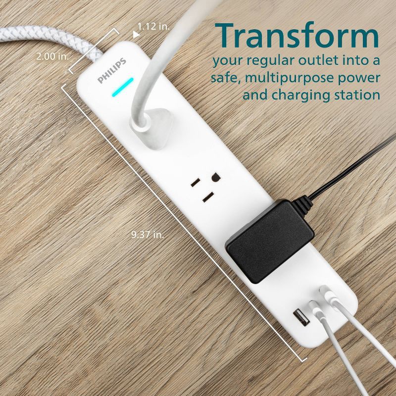 slide 6 of 7, Philips Surge Protector 6ft 3-Outlets USB-A USB-C 490 Joules: White Braided Cord, 6 ft