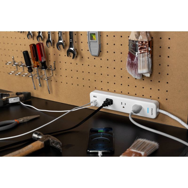 slide 7 of 7, Philips Surge Protector 6ft 3-Outlets USB-A USB-C 490 Joules: White Braided Cord, 6 ft