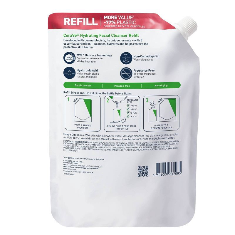 slide 12 of 12, CeraVe Hydrating Face Wash with Hyaluronic Acid and Glycerin for Normal to Dry Skin - Refill - 16 fl oz, 16 fl oz