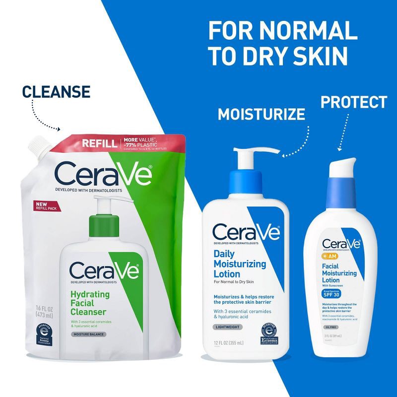 slide 9 of 12, CeraVe Hydrating Face Wash with Hyaluronic Acid and Glycerin for Normal to Dry Skin - Refill - 16 fl oz, 16 fl oz