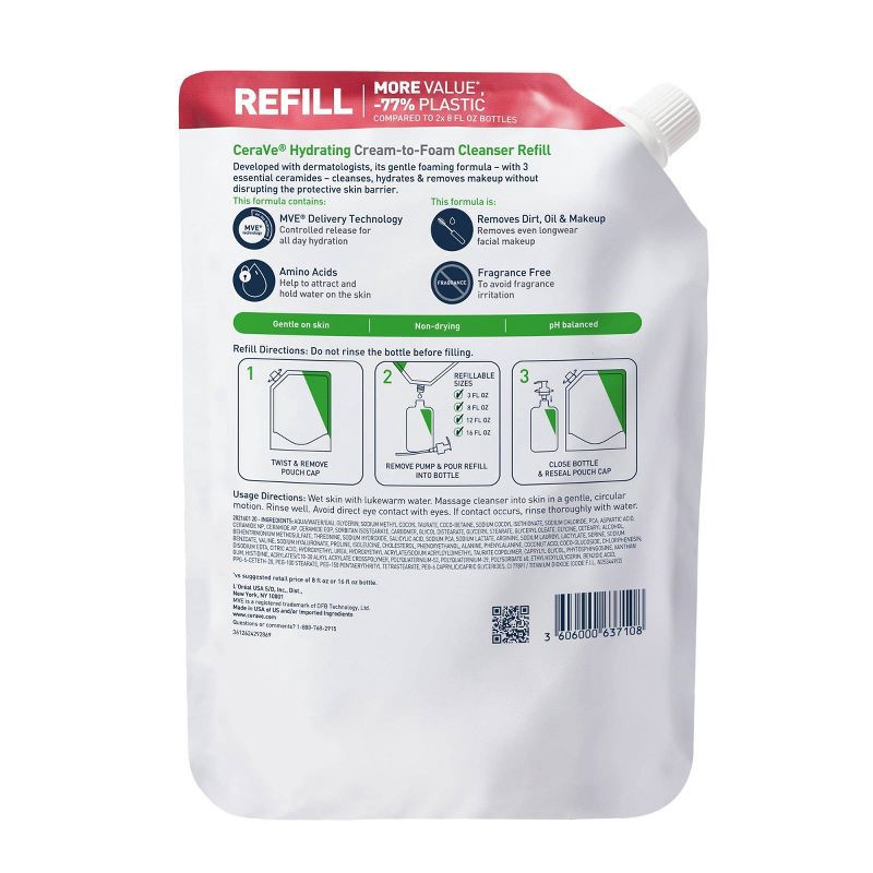 slide 12 of 12, CeraVe Hydrating Cream-to-Foam Face Wash with Hyaluronic Acid for Normal to Dry Skin - Refill - 16 fl oz, 16 fl oz