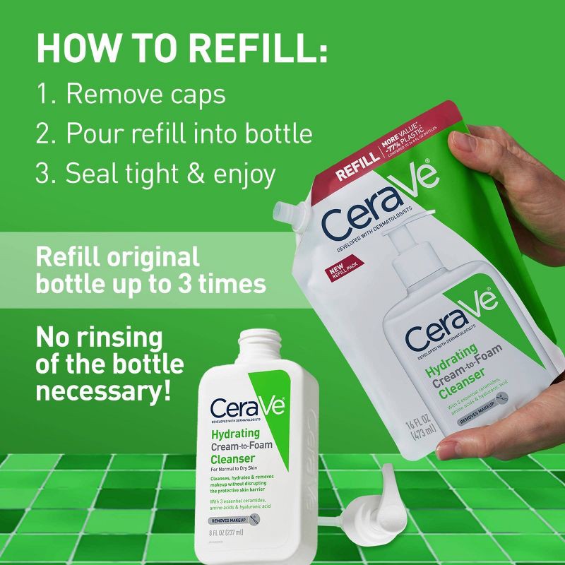 slide 4 of 12, CeraVe Hydrating Cream-to-Foam Face Wash with Hyaluronic Acid for Normal to Dry Skin - Refill - 16 fl oz, 16 fl oz