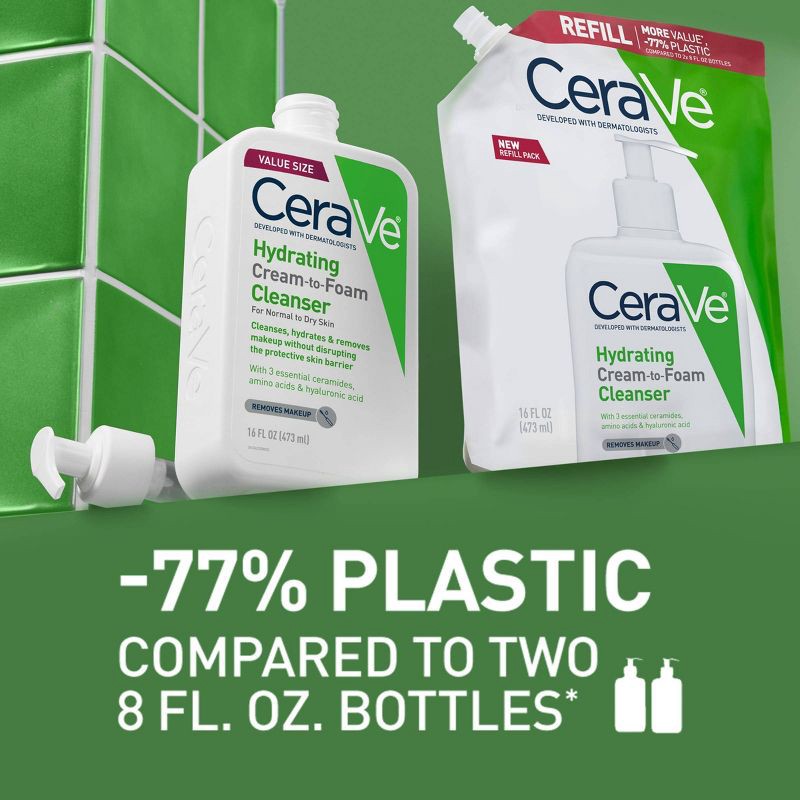 slide 5 of 12, CeraVe Hydrating Cream-to-Foam Face Wash with Hyaluronic Acid for Normal to Dry Skin - Refill - 16 fl oz, 16 fl oz