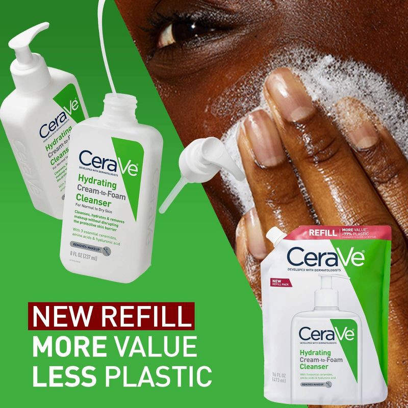 slide 8 of 12, CeraVe Hydrating Cream-to-Foam Face Wash with Hyaluronic Acid for Normal to Dry Skin - Refill - 16 fl oz, 16 fl oz