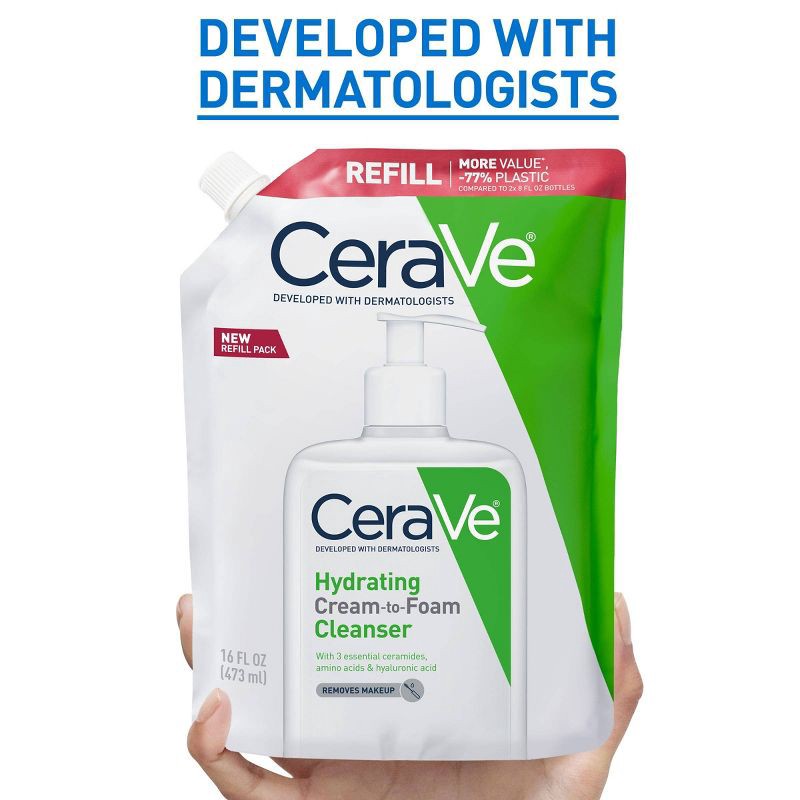 slide 10 of 12, CeraVe Hydrating Cream-to-Foam Face Wash with Hyaluronic Acid for Normal to Dry Skin - Refill - 16 fl oz, 16 fl oz