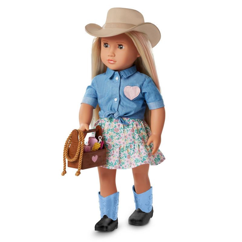 slide 3 of 7, Our Generation Lainey Posable 18" Cowgirl Doll with Horse Accessories and Storybook: Plastic Fashion Doll with Hazel Eyes, Straight Hair, 1 ct