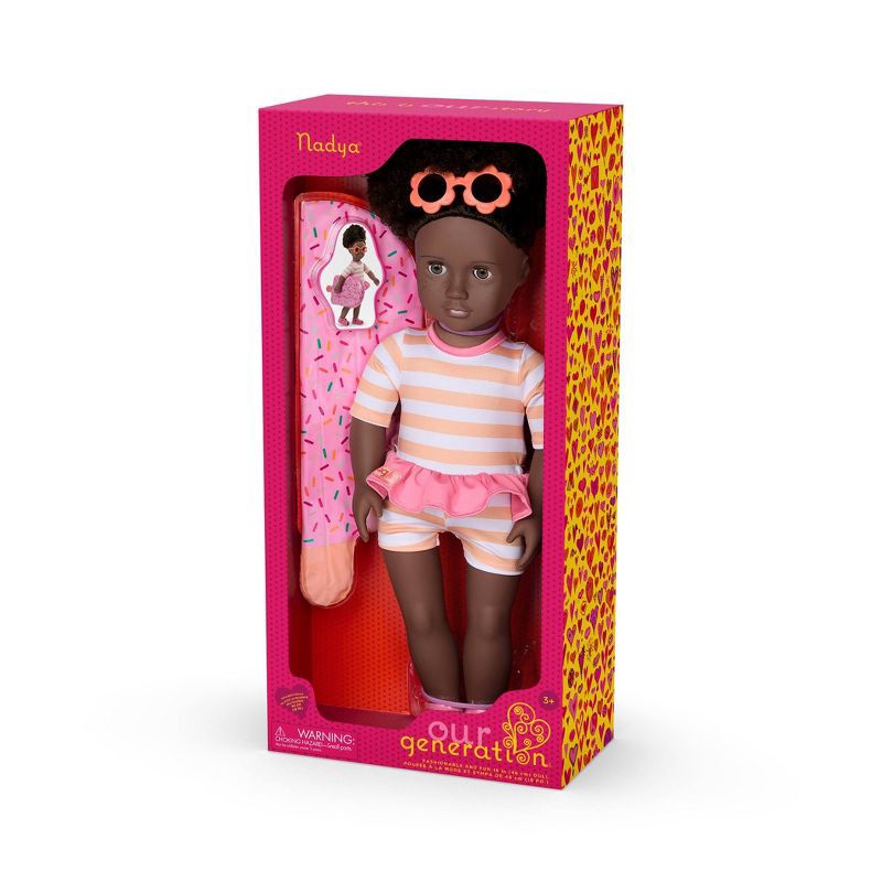 slide 5 of 5, Our Generation Nadya 18" Doll with Swimsuit and Pink Pool Float Accessory: Fashion Doll, Curly Dark Brown Hair, 1 ct