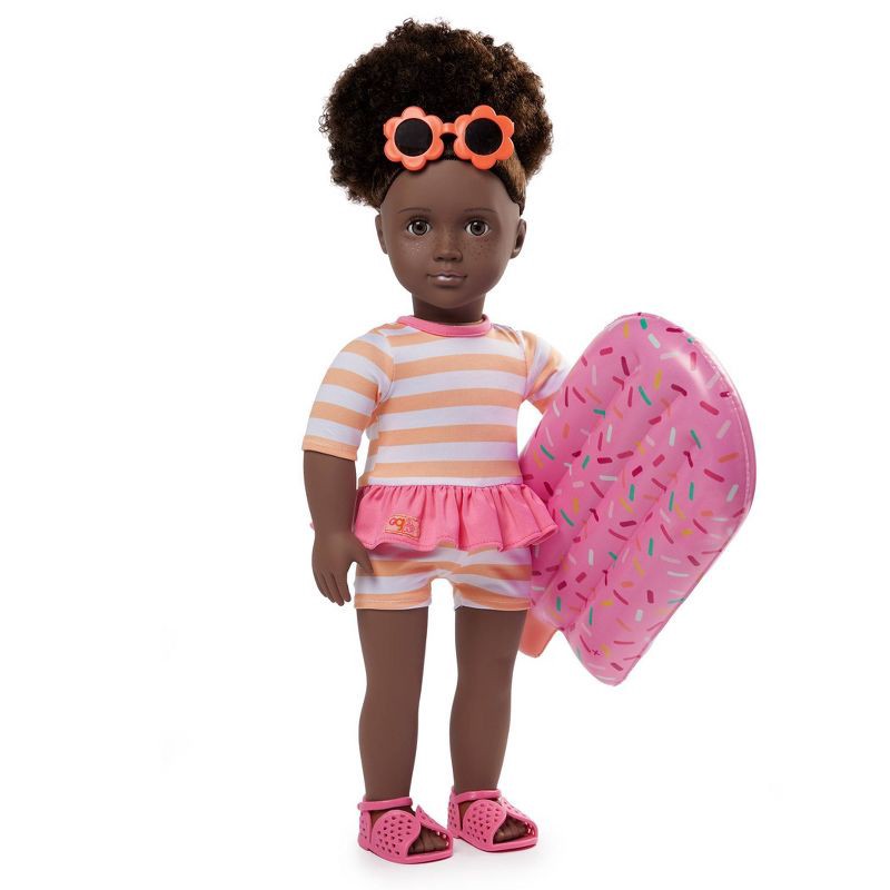 slide 1 of 5, Our Generation Nadya 18" Doll with Swimsuit and Pink Pool Float Accessory: Fashion Doll, Curly Dark Brown Hair, 1 ct