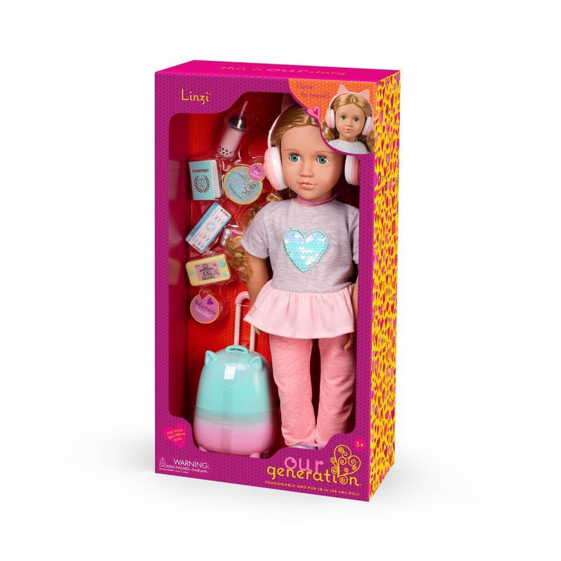 slide 5 of 5, Our Generation Linzi 18" Doll with Luggage and Travel Accessories Set: Travel-Themed Wavy Blonde Hair Doll, 1 ct