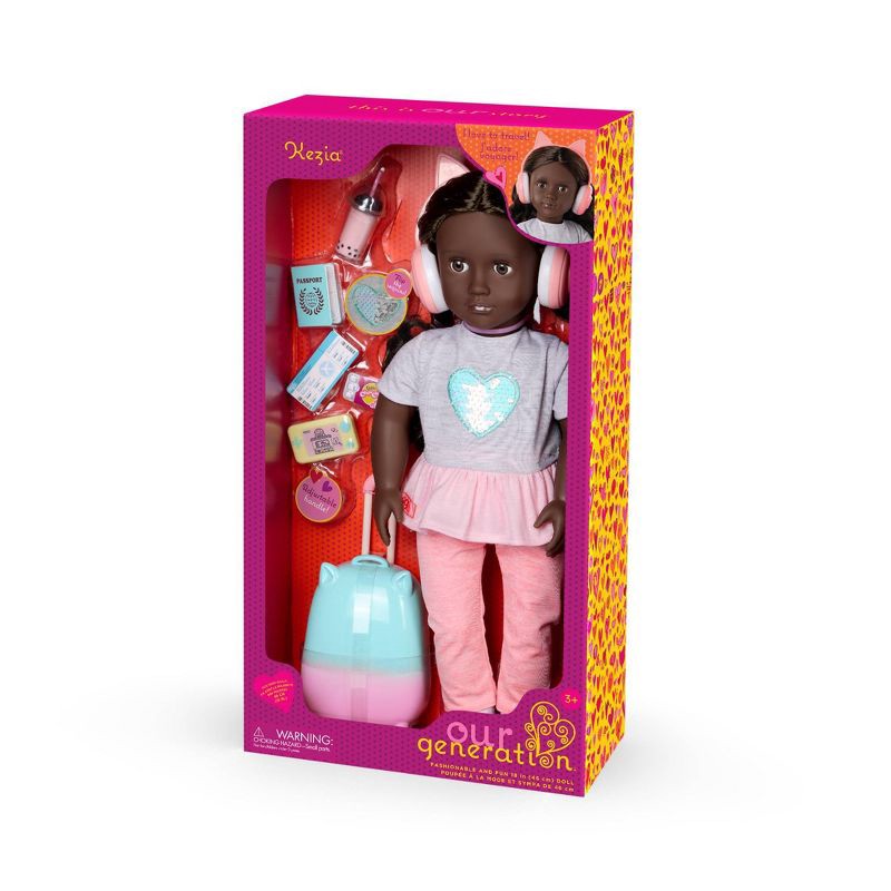slide 5 of 5, Our Generation Kezia 18" Doll with Luggage and Travel Accessories Set: Wavy Dark Brown Hair, No Articulation, 1 ct