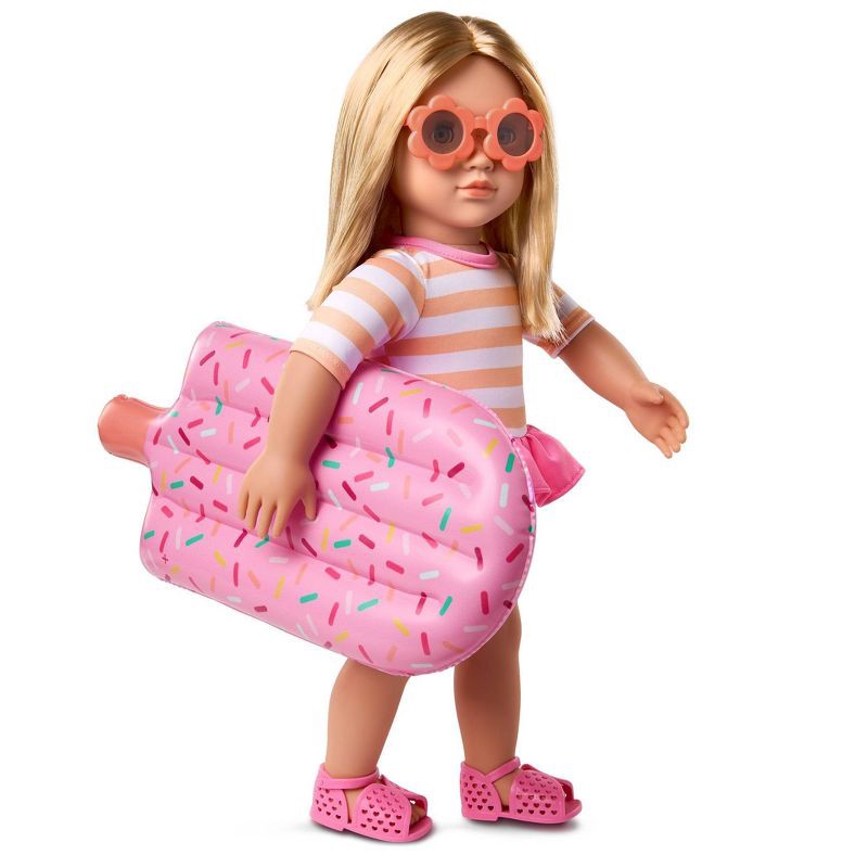 slide 2 of 5, Our Generation Margot 18" Doll with Swimsuit and Pink Pool Float Accessory: Hair Blonde, Blue Eyes, Beach Theme, 1 ct