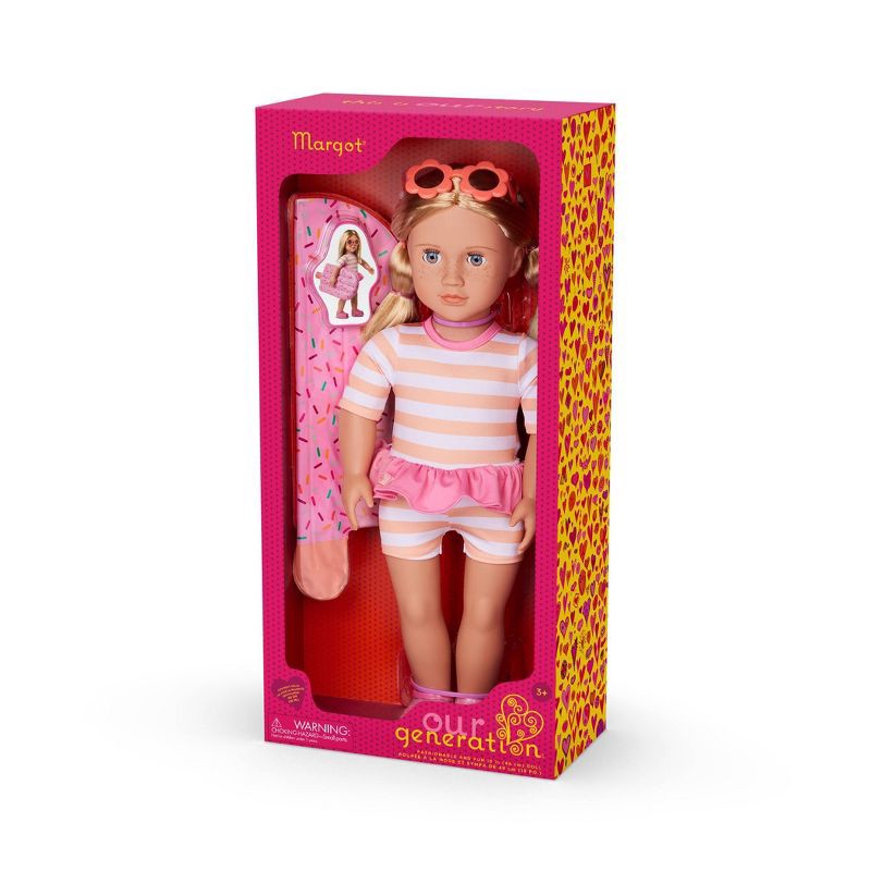 slide 5 of 5, Our Generation Margot 18" Doll with Swimsuit and Pink Pool Float Accessory: Hair Blonde, Blue Eyes, Beach Theme, 1 ct