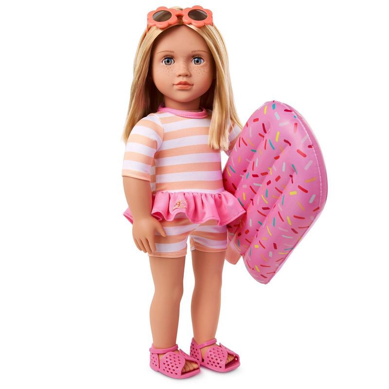 slide 1 of 5, Our Generation Margot 18" Doll with Swimsuit and Pink Pool Float Accessory: Hair Blonde, Blue Eyes, Beach Theme, 1 ct