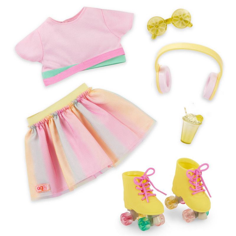 slide 1 of 6, Our Generation Rollerblades and Lemonade Outfit with Rainbow Roller Skates and Accessories for 18" Dolls: 7 Pieces Set, 7 ct