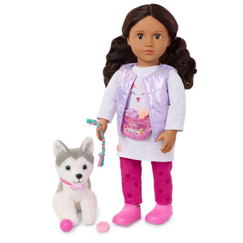 slide 2 of 6, Our Generation Estella and Evi 18" Doll and Pet Puppy Set: Brown Eyes, Wavy Hair, Plastic & Polyester Materials, 1 ct