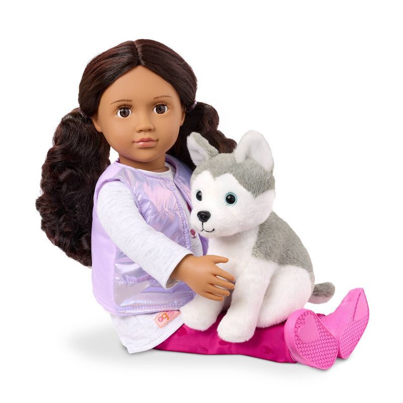 slide 3 of 6, Our Generation Estella and Evi 18" Doll and Pet Puppy Set: Brown Eyes, Wavy Hair, Plastic & Polyester Materials, 1 ct