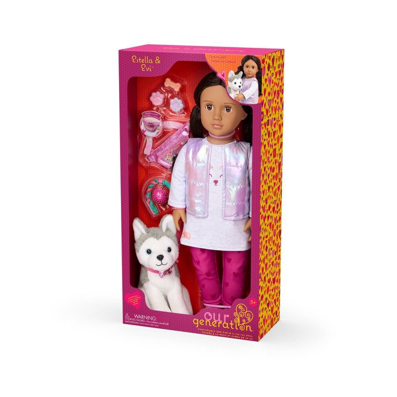 slide 6 of 6, Our Generation Estella and Evi 18" Doll and Pet Puppy Set: Brown Eyes, Wavy Hair, Plastic & Polyester Materials, 1 ct