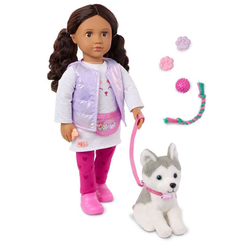slide 1 of 6, Our Generation Estella and Evi 18" Doll and Pet Puppy Set: Brown Eyes, Wavy Hair, Plastic & Polyester Materials, 1 ct