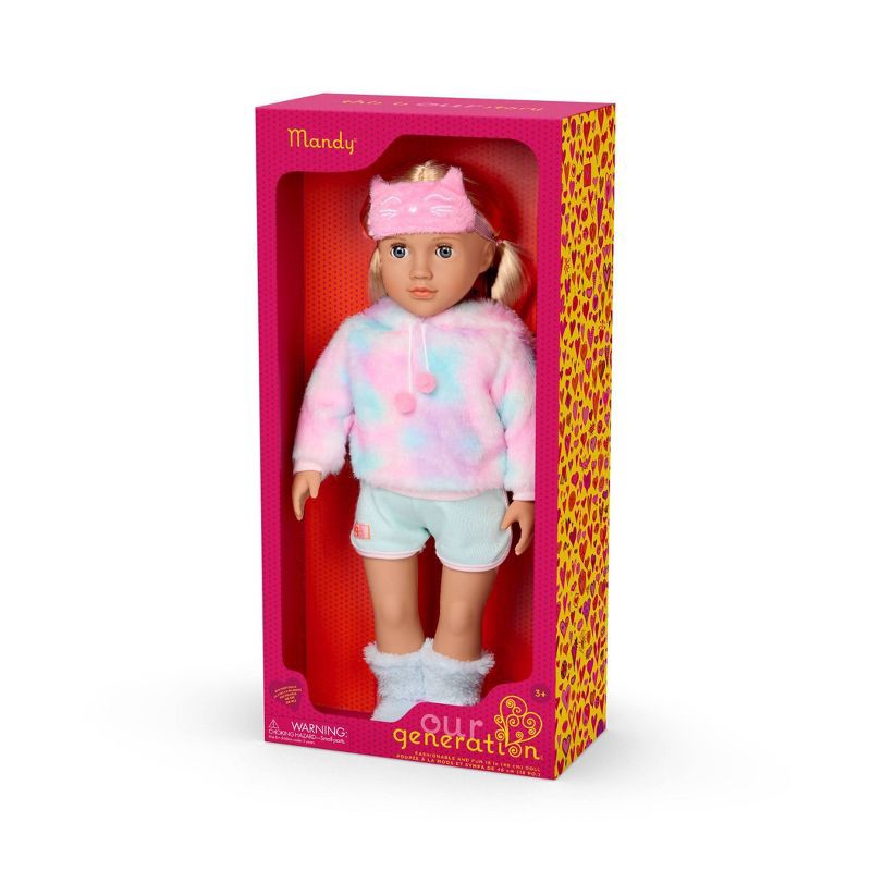 slide 4 of 4, Our Generation Mandy 18" Doll in Pink and Colorful Hooded Pajama with Cat Ears, 1 ct