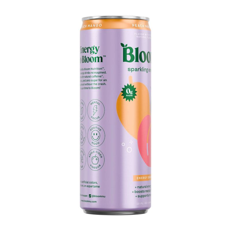slide 8 of 10, BLOOM NUTRITION Sparkling Energy Drink - Peach Mango - 12 fl oz Can, 12 fl oz