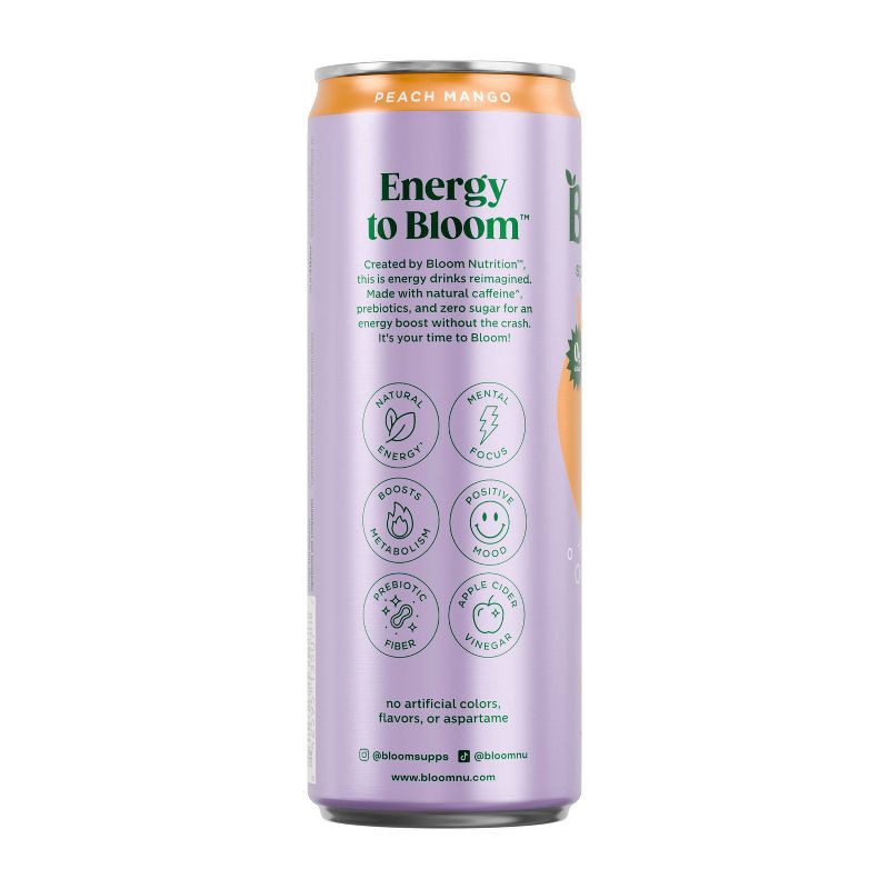 slide 9 of 10, BLOOM NUTRITION Sparkling Energy Drink - Peach Mango - 12 fl oz Can, 12 fl oz